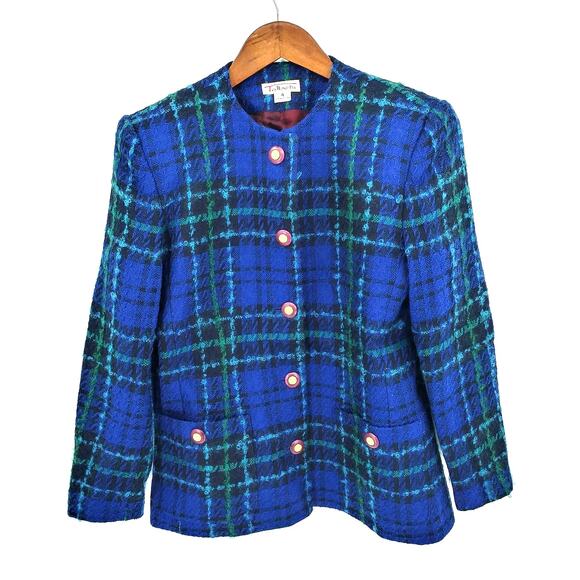 Vintage Talbots Blue & Green Tartan Plaid Wool Blend Clueless Blazer Sz 4 - Picture 8 of 8